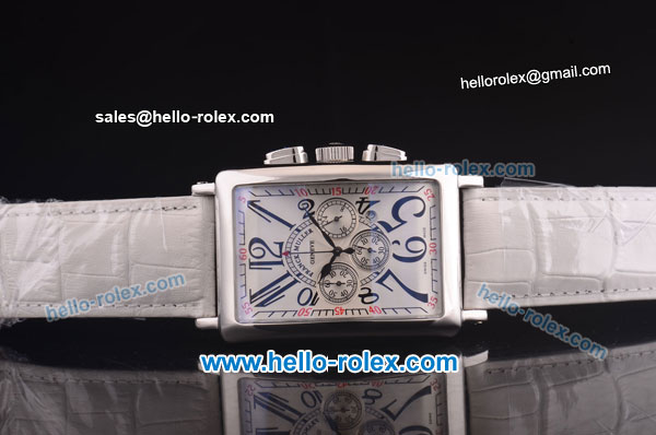 Franck Muller Long Island Chronograph Miyota Quartz Movement Steel Case with White Dial and White Leather Strap - Click Image to Close